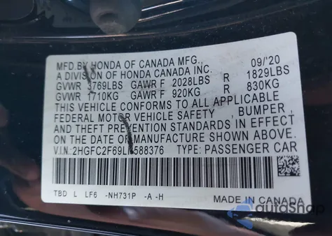 2020 Honda Civic Lx from USA, damaged, VIN 2HGFC2F69LH588376